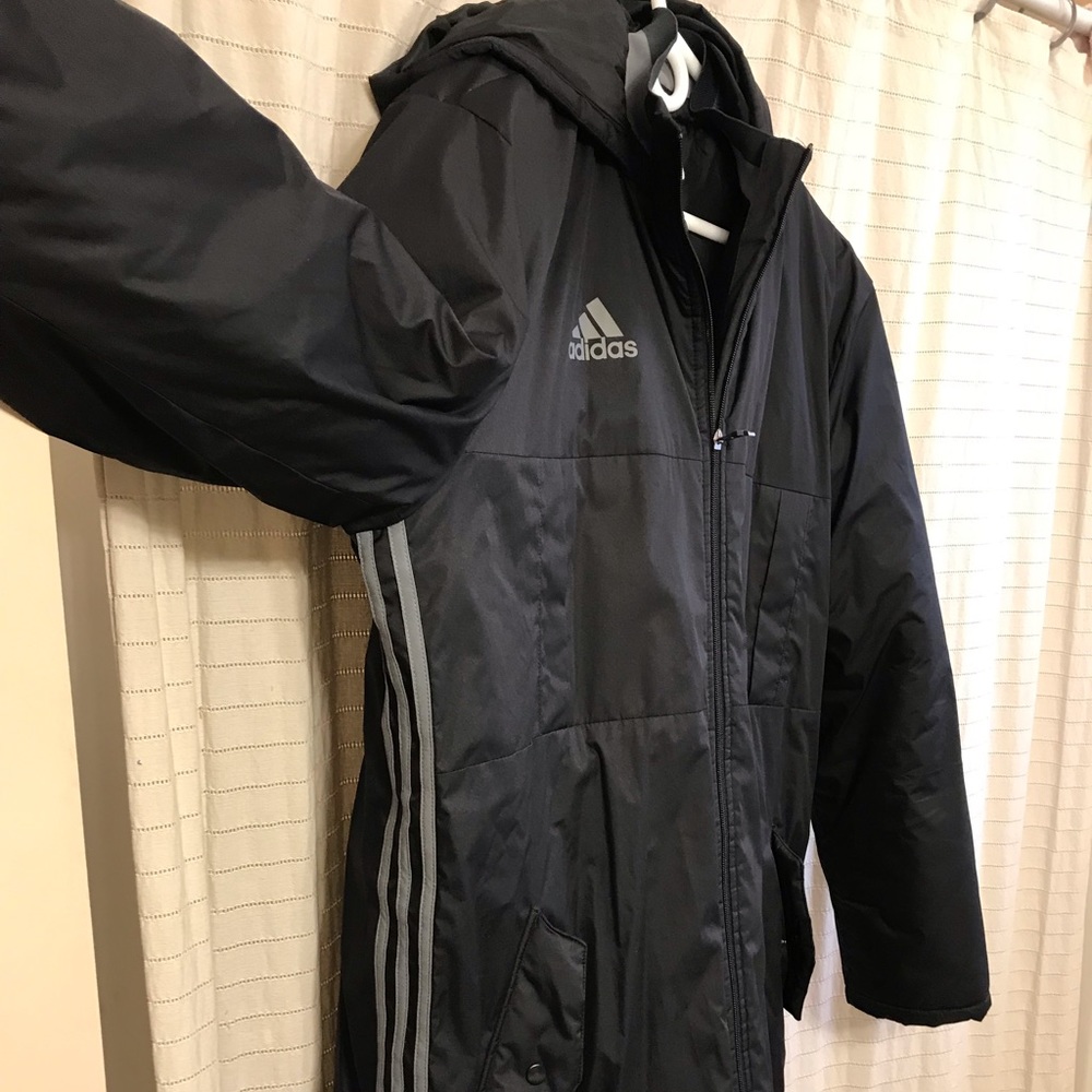 Adidas estadio jacket, all weather, size L black color with grey lines